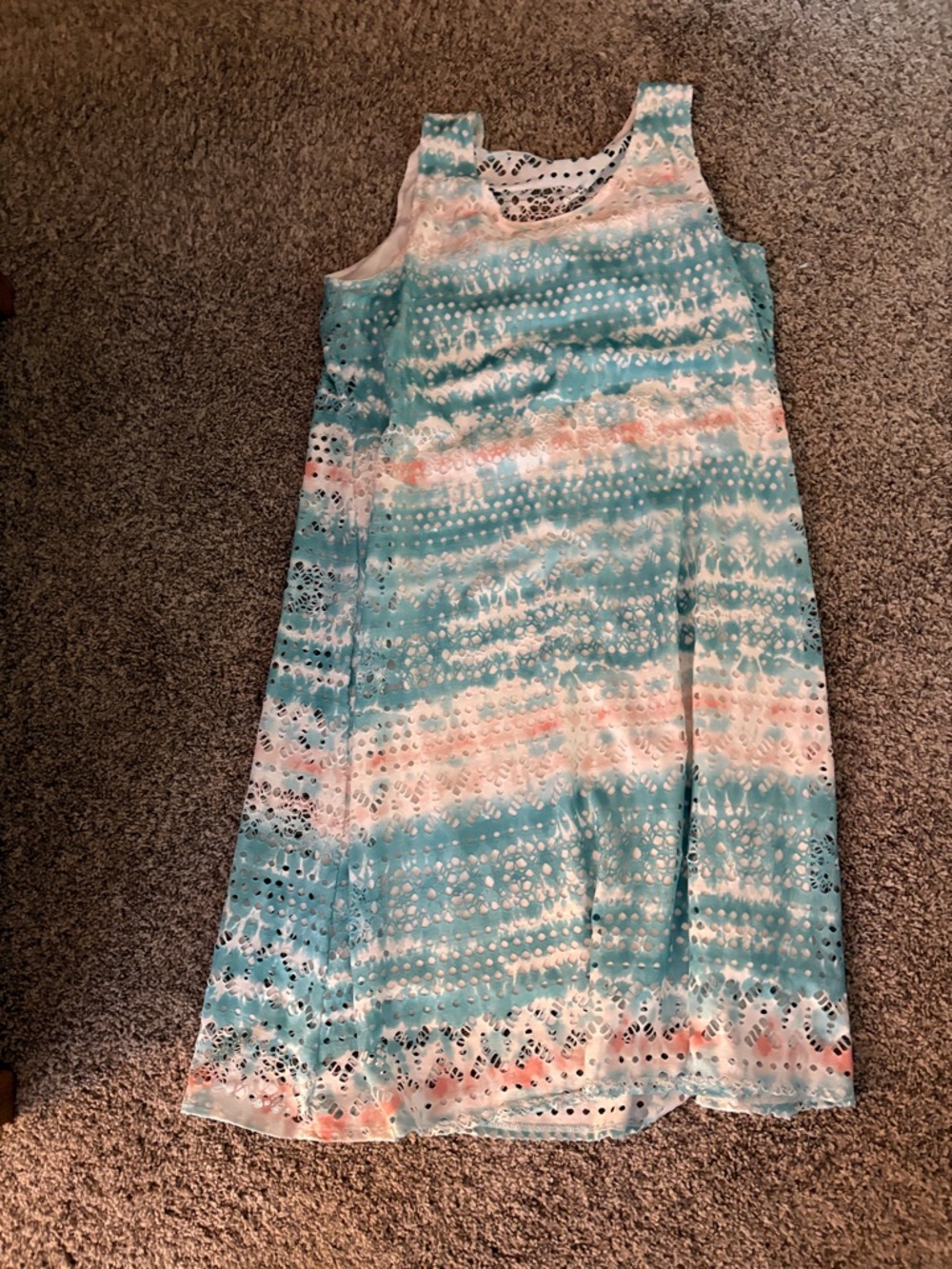 Sleeveless Tie-Dye Eyelet Midi Dress - Aqua and Peach
